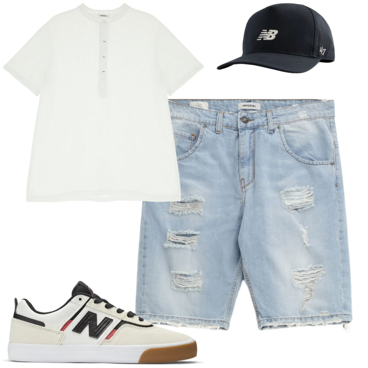 Outfit uomo - Luglio. Stile Casual per Tutti i giorni. Abbinamento con sneakers, cappelli con visiera, t-shirt, bermuda.