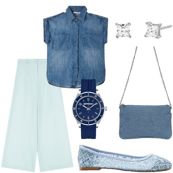 Outfit donna - Le serate di Luglio. Stile Casual per Tutti i giorni. Abbinamento con ballerine, camicie a manica corta, borse a tracolla, orecchini, pantaloni, orologi.