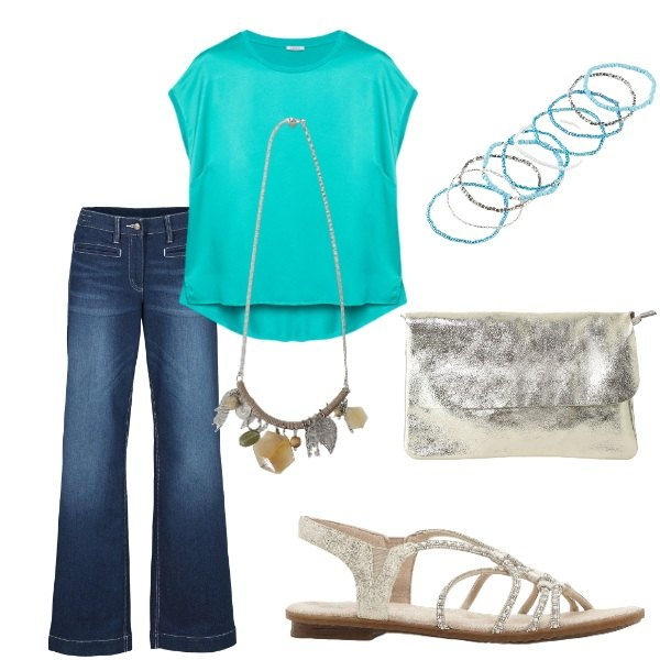 Outfit donna - Serata tra amici. Stile Casual chic per Serata fuori. Abbinamento con sandali, jeans, braccialetti, bluse, borse a tracolla, collane.