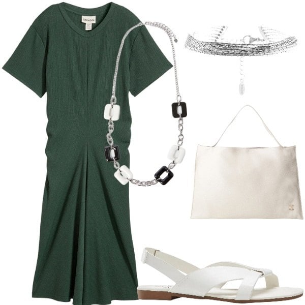 Outfit donna - Le serate di Luglio. Stile Casual chic per Tutti i giorni. Abbinamento con vestiti, sandali, borse a spalla, braccialetti, collane.