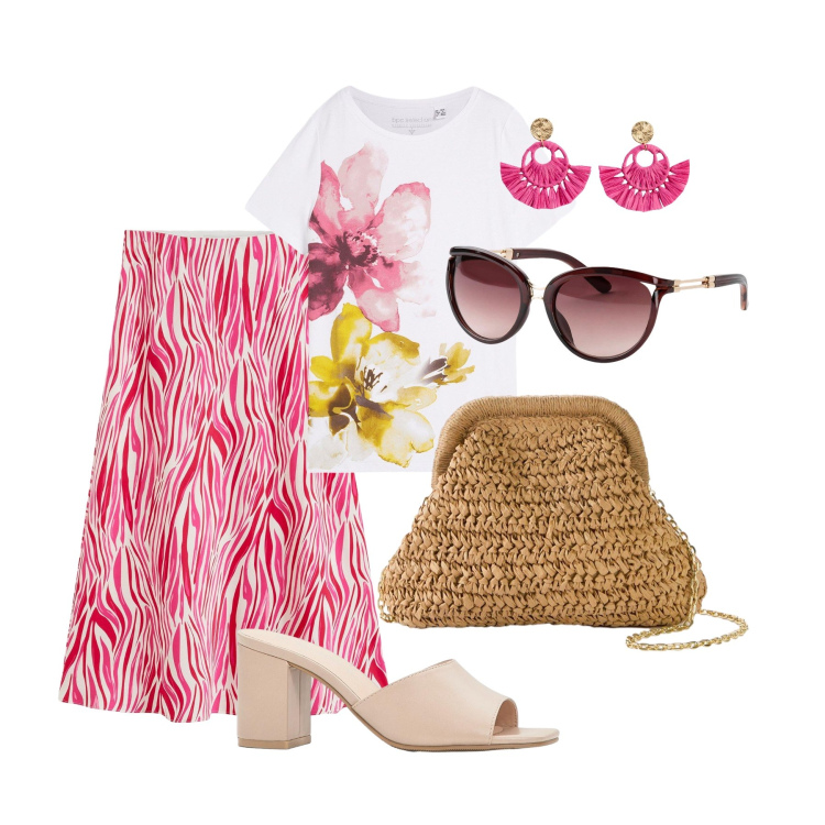 Outfit donna - Total look #2205593. Stile Romantica per Tutti i giorni. Abbinamento con gonne longuette, t-shirt, sandali col tacco, occhiali da sole, orecchini, borse a tracolla.