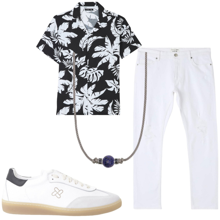 Outfit uomo - Total look #2205599. Stile Casual per Tutti i giorni. Abbinamento con jeans strappati, camicie a manica corta, collane, sneakers.