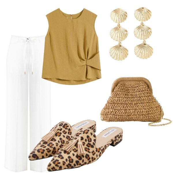 Outfit donna - A cena fuori. Stile Casual chic per Serata fuori. Abbinamento con top, borse a tracolla, sabot, orecchini, pantaloni.