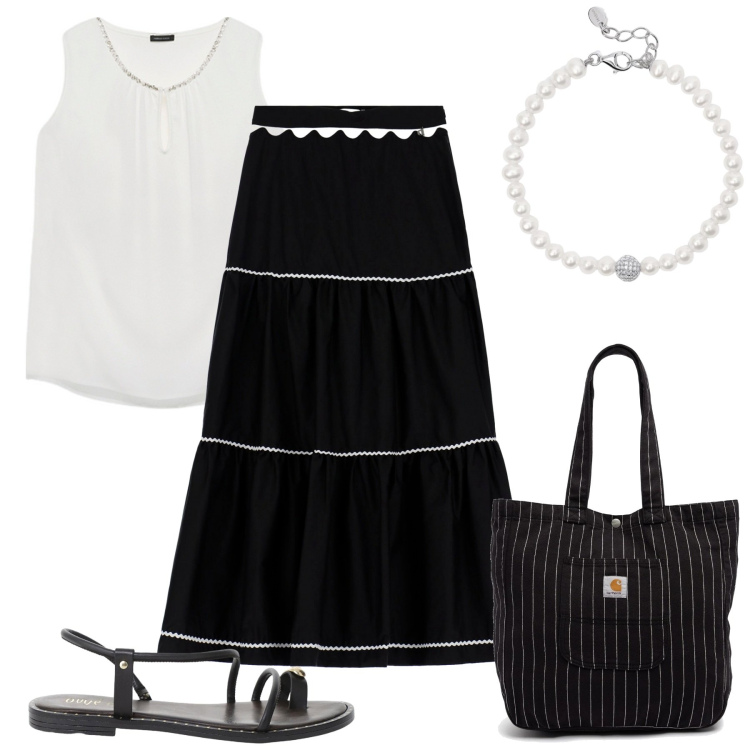 Outfit donna - White and black. Stile Minimal per Tutti i giorni. Abbinamento con braccialetti, sandali, gonne lunghe, top, borse tote.