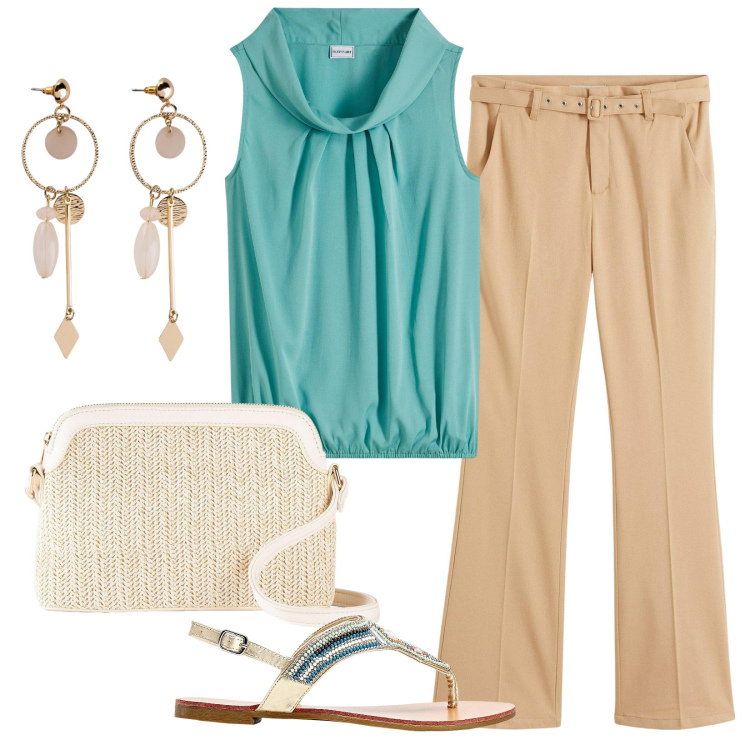 Outfit donna - Blusa blu laguna in saldo. Stile Casual per Tutti i giorni. Abbinamento con top, borse a tracolla, orecchini, pantaloni, ciabatte.