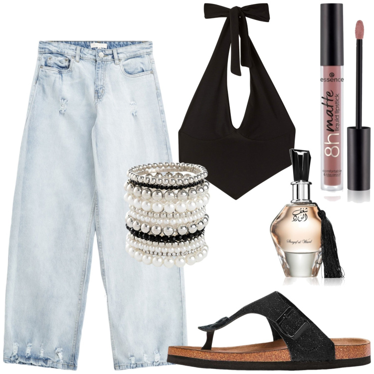 Outfit donna - Top. Stile Casual per Tutti i giorni. Abbinamento con braccialetti, infradito, profumi, rossetti, top, jeans.