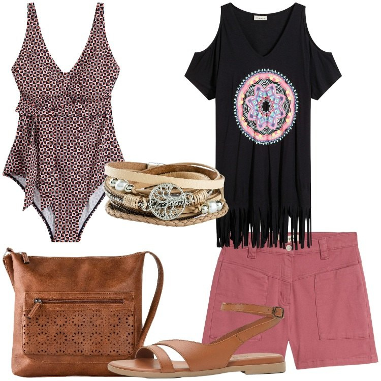 Outfit donna - bonprix - Saldi Estivi 25. Stile Etnico per Mare. Abbinamento con vestiti da spiaggia, braccialetti, borse a tracolla, costumi interi, sandali in pelle, shorts.