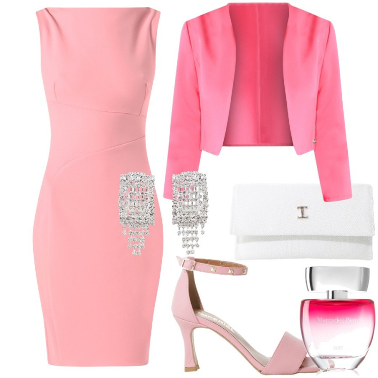 Outfit donna - Rinascimento suggestioni cerimonia. Stile Chic per Cerimonia. Abbinamento con profumi, vestiti a tubino, bolero, borse a tracolla, sandali col tacco, orecchini.