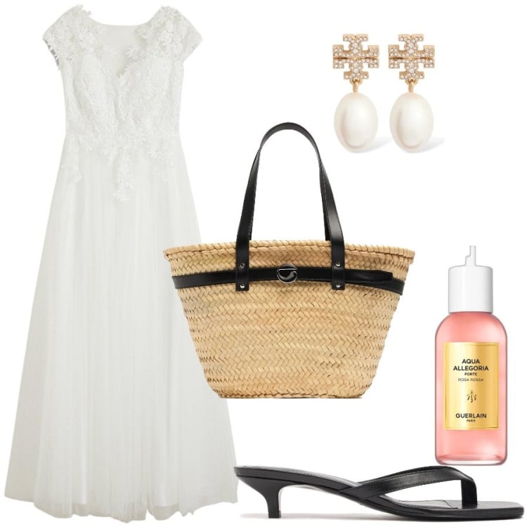 Outfit donna - Estate cittadina. Stile Basic per Tutti i giorni. Abbinamento con vestiti, profumi, shopping bag, orecchini, sandali in pelle.