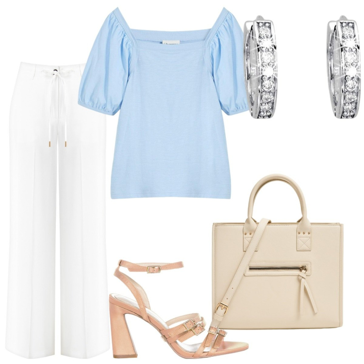Outfit donna - Luglio al lavoro/ufficio. Stile Casual chic per Ufficio. Abbinamento con bluse, shopping bag, orecchini, sandali col tacco, pantaloni.