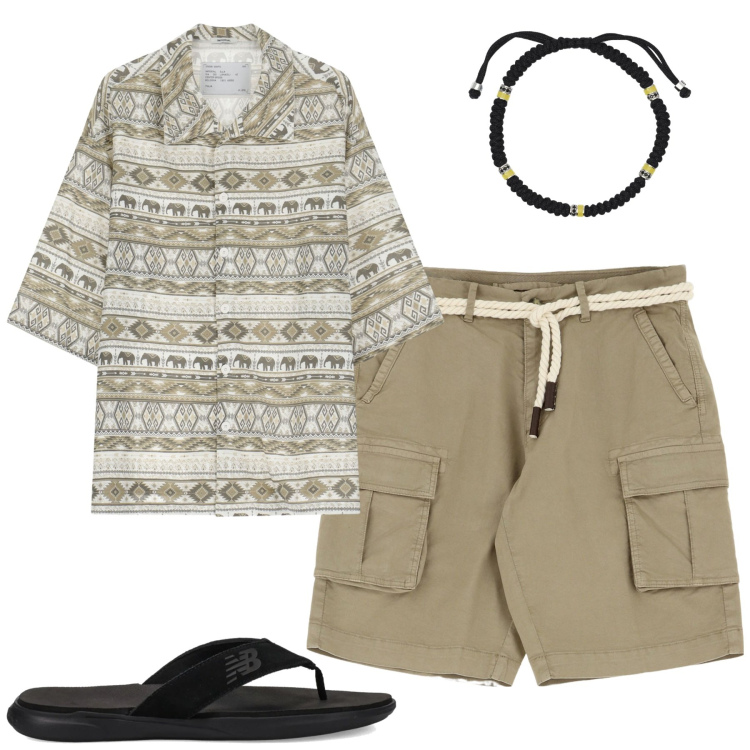 Outfit uomo - Aperitivo in spiaggia. Stile Casual per Mare. Abbinamento con braccialetti, sandali, bermuda, camicie a manica corta.