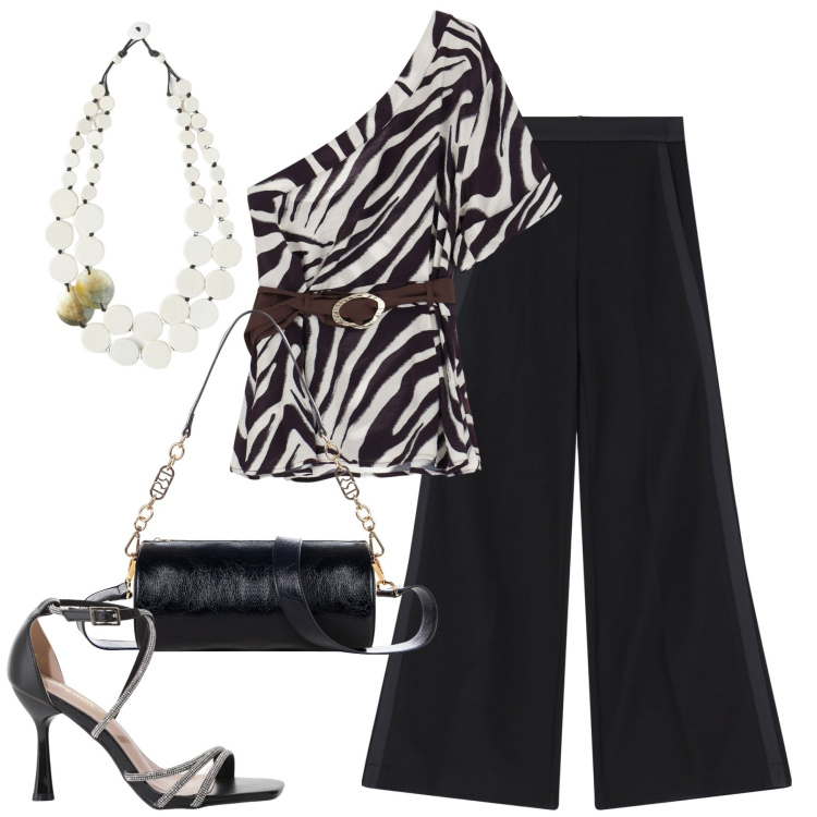Outfit donna - Serata. Stile Trendy per Serata fuori. Abbinamento con borse a mano, top, sandali col tacco, pantaloni a palazzo, ciondoli.