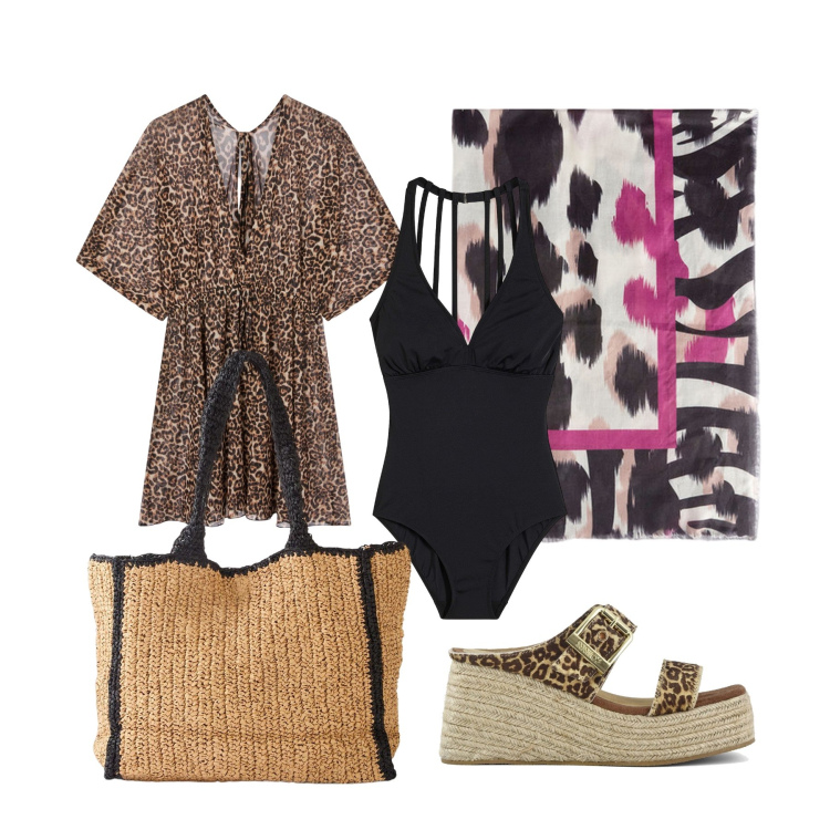 Outfit donna - Total look #2205665. Stile Glamour per Mare. Abbinamento con costumi interi, shopping bag, vestiti da spiaggia, zeppe, foulard.