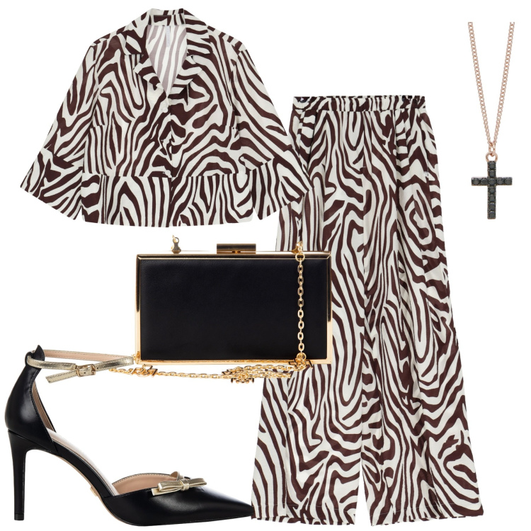 Outfit donna - Graphics. Stile Glamour per Serata fuori. Abbinamento con collane, pochette, décolleté, camicie, pantaloni a palazzo.