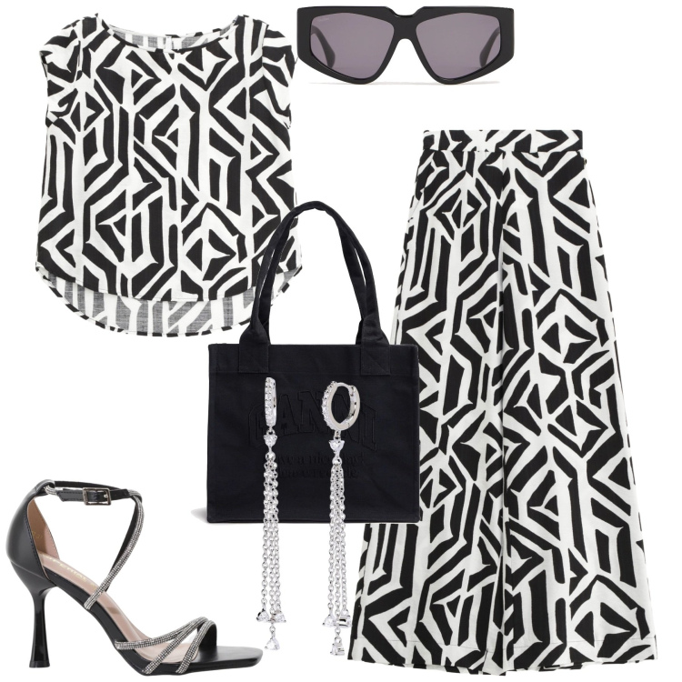 Outfit donna - Da mattina a sera. Stile Trendy per Tutti i giorni. Abbinamento con orecchini, sandali col tacco, pantaloni, t-shirt, shopping bag, occhiali da sole.