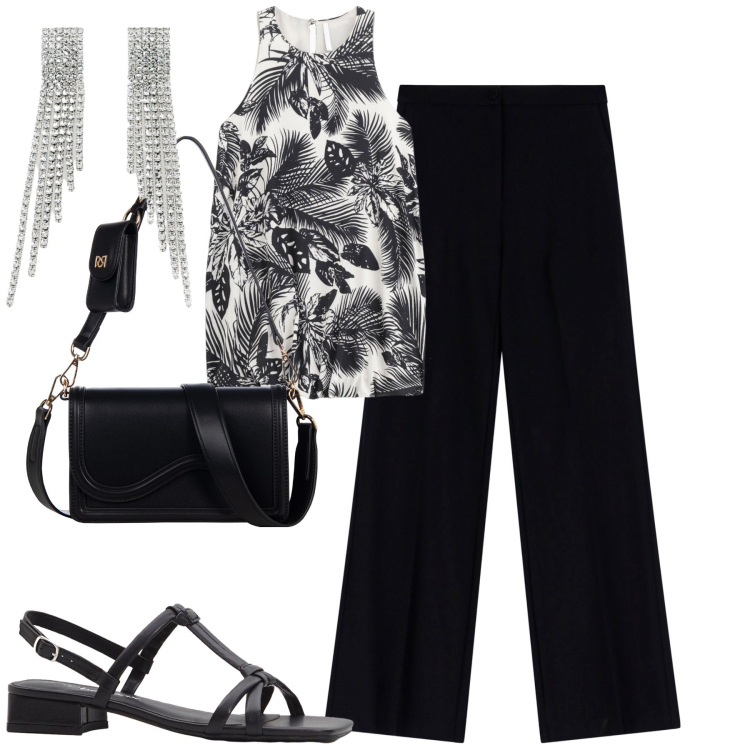 Outfit donna - City. Stile Urban per Tutti i giorni. Abbinamento con sandali col tacco, pantaloni, vestiti corti, orecchini, pochette.