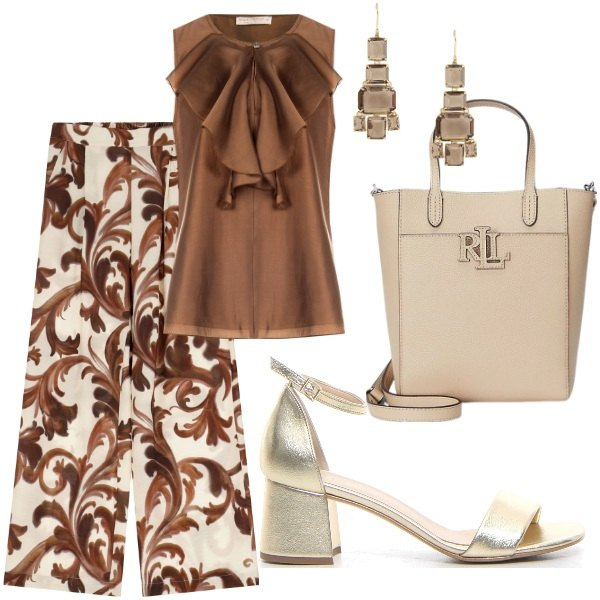 Outfit donna - in ufficio. Stile Casual per Ufficio. Abbinamento con pantaloni, bluse, orecchini, borse tote, sandali col tacco.