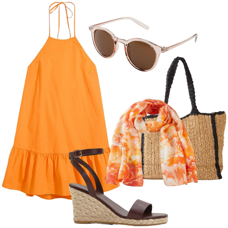 Outfit donna - Summer. Stile Trendy per Mare. Abbinamento con sandali, occhiali da sole, shopping bag, vestiti corti, sciarpe.