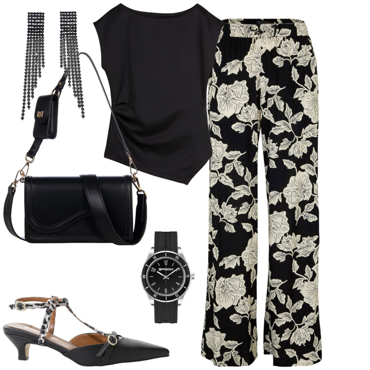 Outfit donna - Luglio in città. Stile Urban per Tutti i giorni. Abbinamento con pantaloni a palazzo, top, pochette, décolleté, orologi, orecchini.