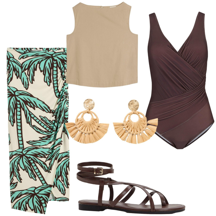 Outfit donna - Stampa esotica. Stile Etnico per Mare. Abbinamento con costumi interi, sandali, top, orecchini, gonne.