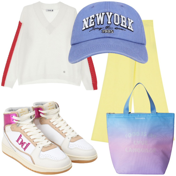 Outfit donna - Coloratissimi saldi. Stile Trendy per Tutti i giorni. Abbinamento con cappelli, borse tote, pullovers, pantaloni, sneakers alte.