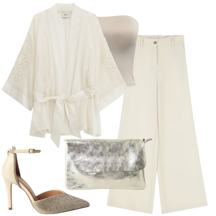 Outfit donna - Panna chic. Stile Chic per Serata fuori. Abbinamento con décolleté, top, pantaloni a palazzo, borse a tracolla, cappotti.