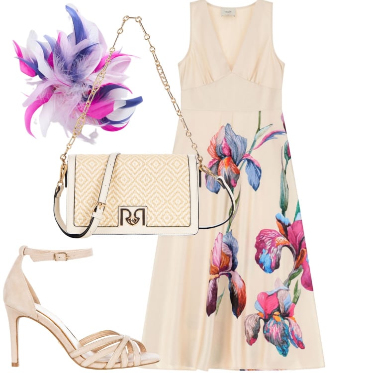 Outfit donna - Cerimonia. Stile Romantica per Cerimonia. Abbinamento con sandali col tacco, borse a tracolla, vestiti senza maniche, accessori per capelli.