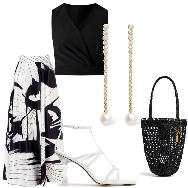 Outfit donna - Matrimonio in vista. Stile Glamour per Cerimonia. Abbinamento con gonne lunghe, top, borse a spalla, orecchini, sandali in pelle.