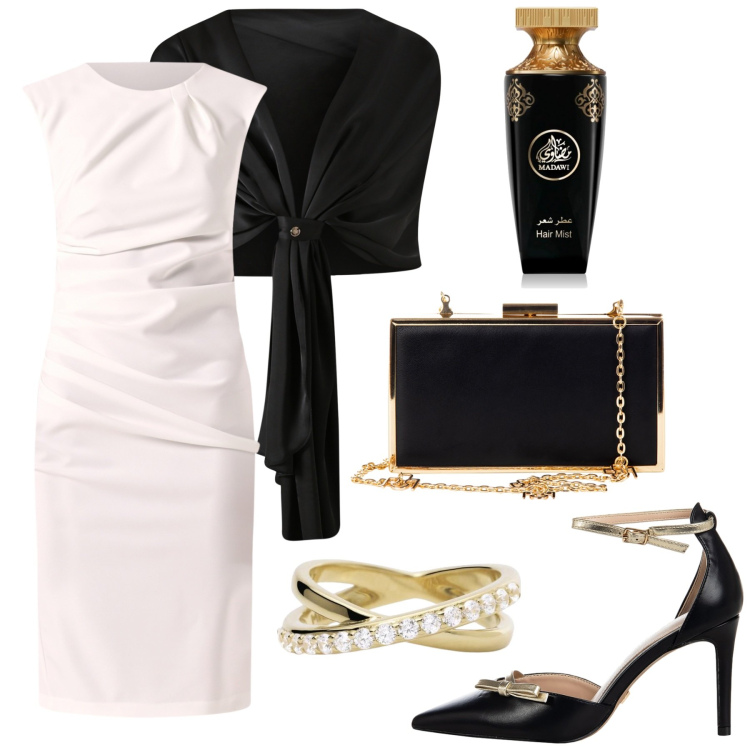 Outfit donna - Dress white. Stile Chic per Serata fuori. Abbinamento con profumi, anelli, scialli, décolleté, pochette, vestiti a tubino.