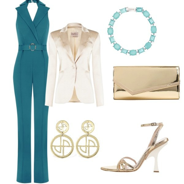Outfit donna - Matrimonio in vista. Stile Glamour per Cerimonia. Abbinamento con braccialetti, tute, blazer, sandali col tacco, pochette, orecchini.