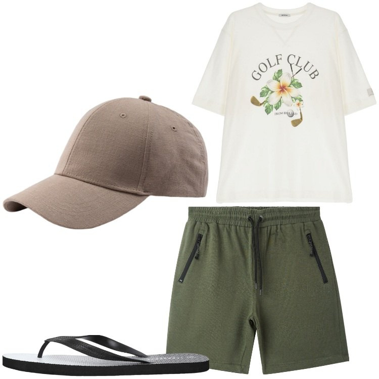 Outfit uomo - Relax in giardino. Stile Casual per Tutti i giorni. Abbinamento con sandali, bermuda, t-shirt, cappelli con visiera.