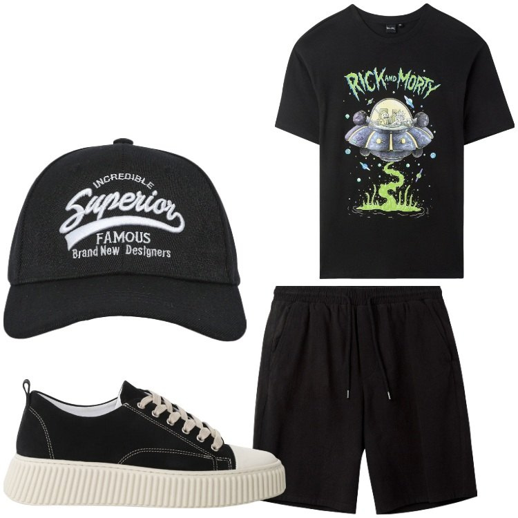 Outfit uomo - Nero black. Stile Casual per Tutti i giorni. Abbinamento con cappelli con visiera, t-shirt, pantaloni corti, sneakers.