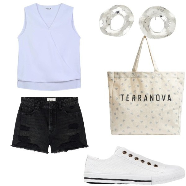 Outfit donna - Outifit di luglio. Stile Casual per Tutti i giorni. Abbinamento con sneakers, bluse, shorts, shopping bag, orecchini.