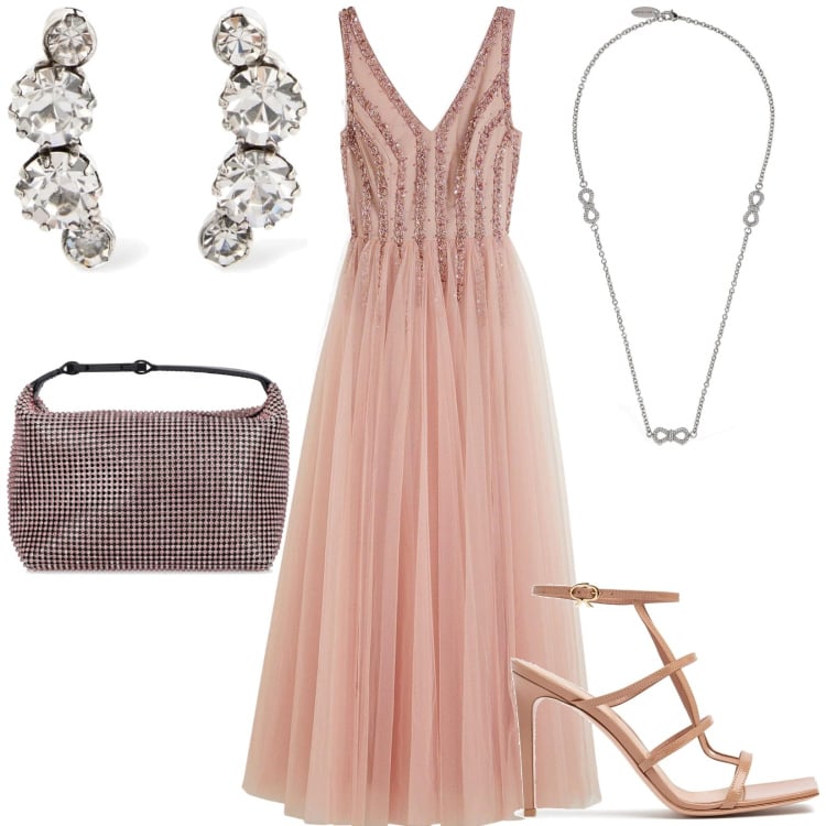 Outfit donna - Pronta per il ballo. Stile Romantica per Cerimonia. Abbinamento con vestiti lunghi, sandali in pelle, borse a mano, orecchini, collane.