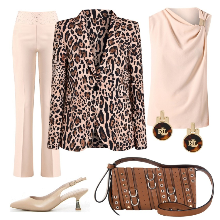 Outfit donna - Il felino che è in te!. Stile Chic per Tutti i giorni. Abbinamento con top, blazer, borse a spalla, pantaloni, orecchini, décolleté.