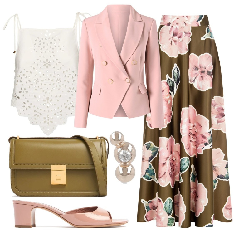 Outfit donna - Una rosa per te. Stile Casual chic per Serata fuori. Abbinamento con gonne, blazer, top, sandali in pelle, orecchini, borse a tracolla.