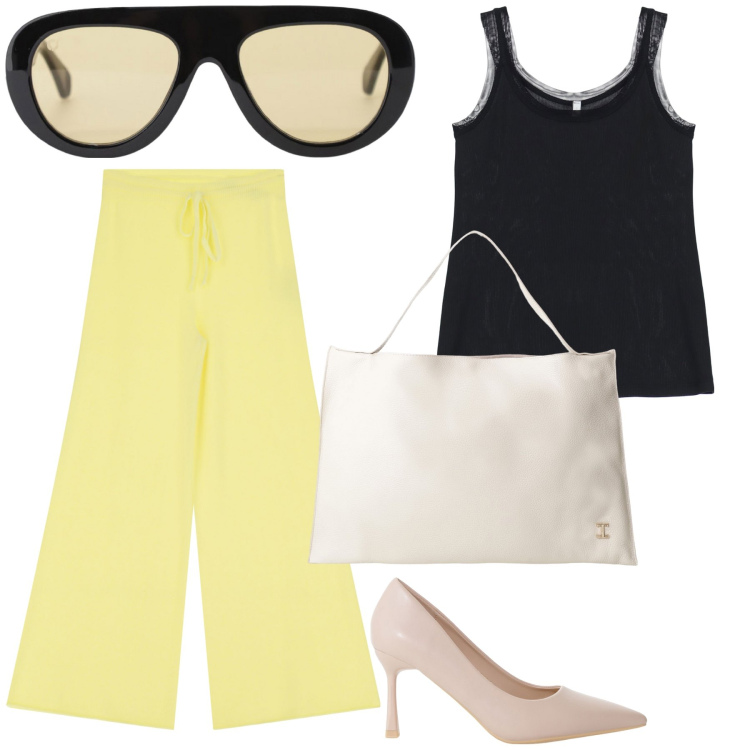 Outfit donna - Il mio Imperial look. Stile Glamour per Ufficio. Abbinamento con décolleté, occhiali da sole, pantaloni, borse a spalla, canottiere.