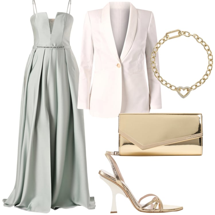 Outfit donna - Soiree’. Stile Chic per Serata fuori. Abbinamento con braccialetti, vestiti, blazer, sandali col tacco, pochette.
