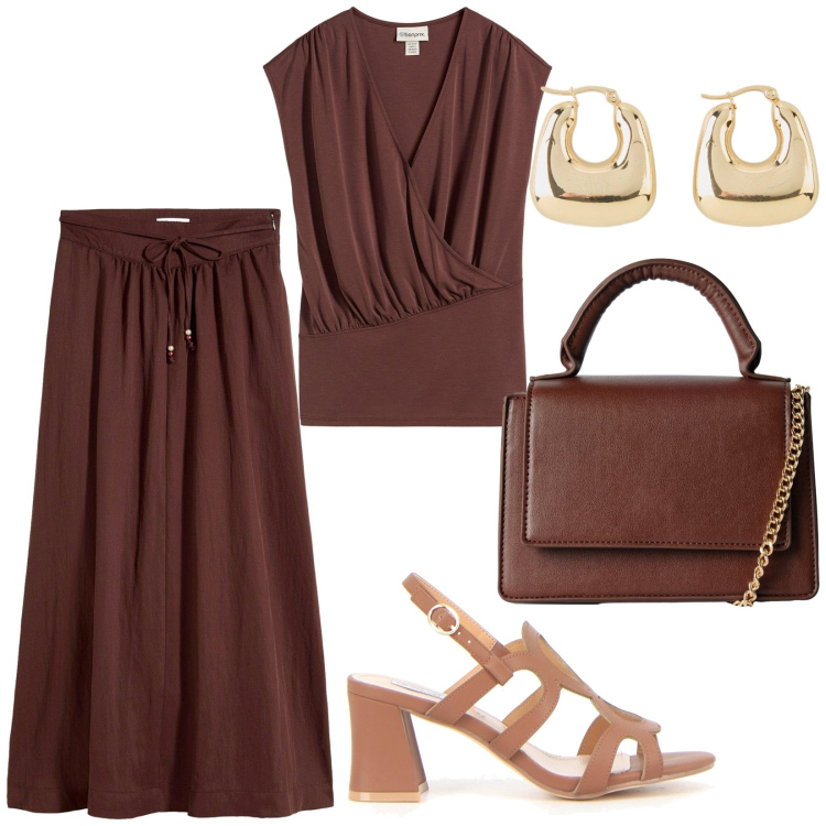 Outfit donna - Total look #2205783. Stile 70s per Tutti i giorni. Abbinamento con gonne lunghe, orecchini, maglieria, borse a tracolla, sandali col tacco.