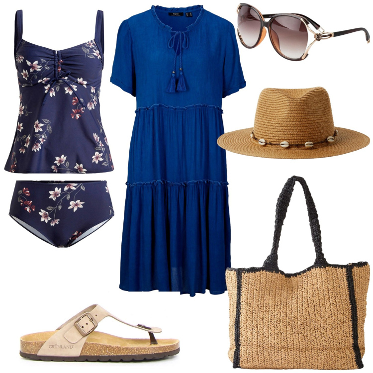 Outfit donna - In spiaggia. Stile Casual chic per Mare. Abbinamento con costumi interi, caftani, occhiali da sole, shopping bag, cappelli, infradito.