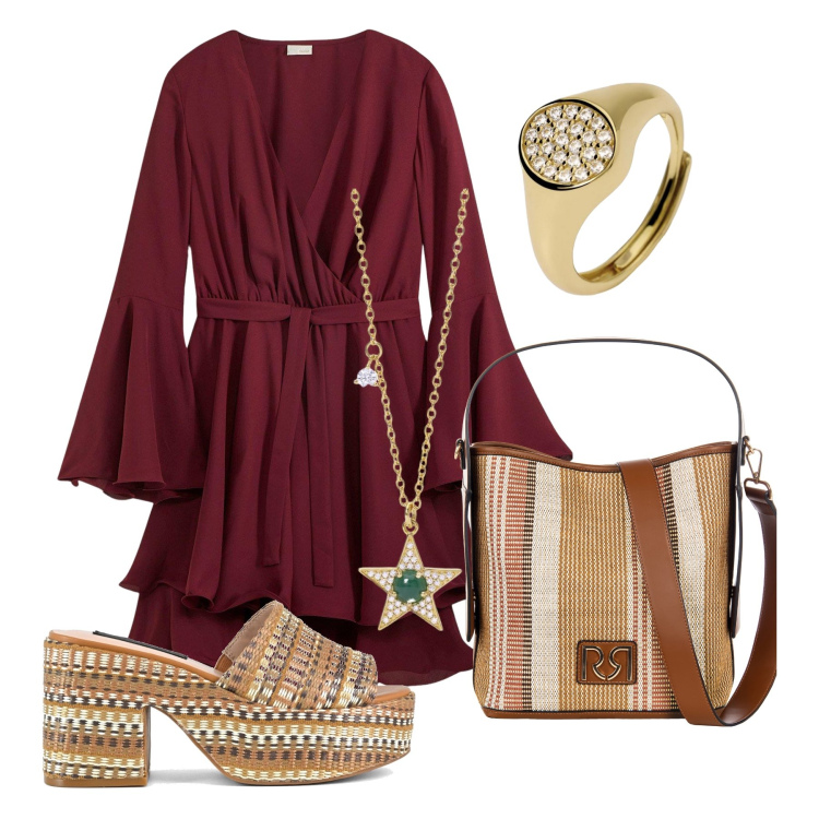 Outfit donna - Total look #2205791. Stile Boho per Serata fuori. Abbinamento con vestiti, anelli, collane, borse a secchiello, zeppe.