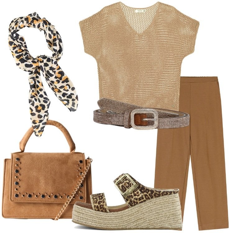 Outfit donna - Accessori in primo piano. Stile Trendy per Tutti i giorni. Abbinamento con borse a tracolla, cinture, maglieria, foulard, pantaloni, zeppe.