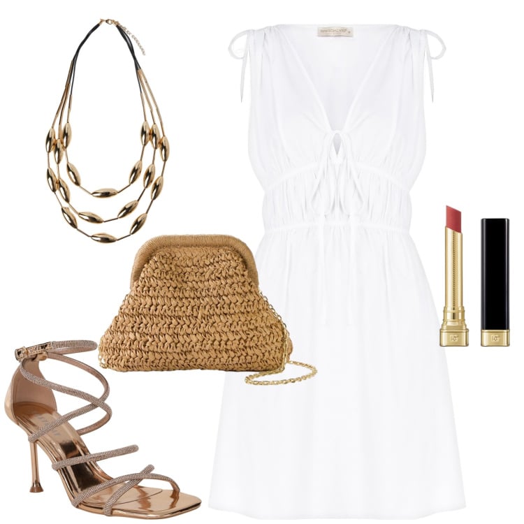 Outfit donna - Aperitivo. Stile Minimal per Serata fuori. Abbinamento con borse a tracolla, rossetti, sandali col tacco, vestiti corti, collane.