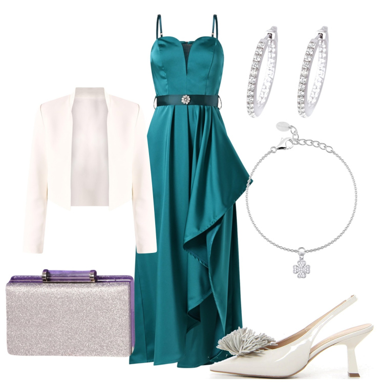 Outfit donna - Total look #2205798. Stile Bon Ton per Cerimonia. Abbinamento con orecchini, braccialetti con ciondoli, vestiti lunghi, pochette, bolero, décolleté.