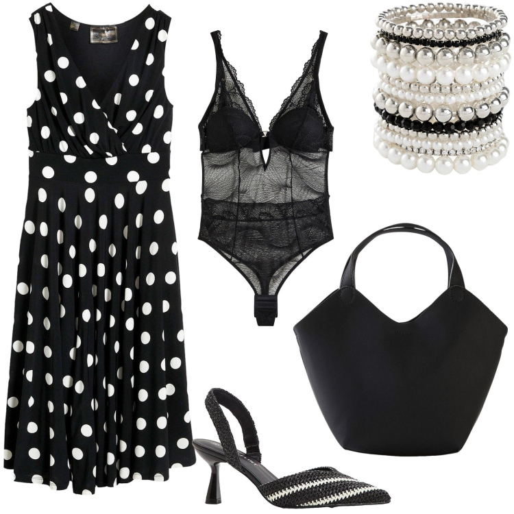 Outfit donna - Saldi Bonprix: outfit completo con 68 €. Stile Chic per Serata fuori. Abbinamento con vestiti, body, braccialetti, décolleté, borse a mano.