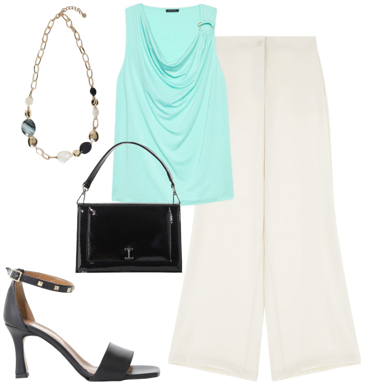Outfit donna - Luglio. Stile Urban per Tutti i giorni. Abbinamento con pantaloni, borse a tracolla, sandali col tacco, top, collane.