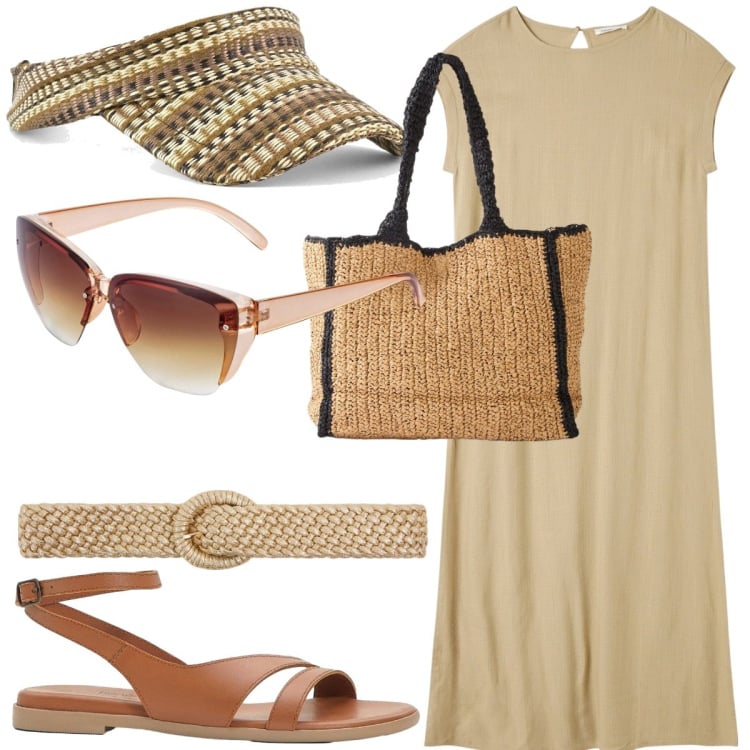 Outfit donna - Come la sabbia del mare. Stile Casual per Mare. Abbinamento con sandali in pelle, shopping bag, occhiali da sole, vestiti lunghi, cinture, cappelli con visiera.