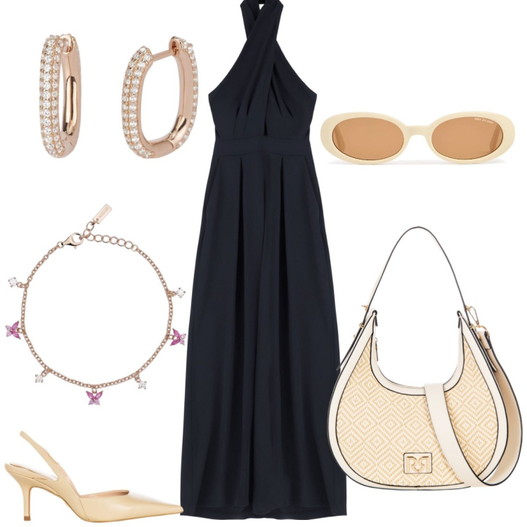 Outfit donna - La tuta blu. Stile Chic per Cerimonia. Abbinamento con borse a mano, décolleté, orecchini, braccialetti, tute, occhiali da sole.