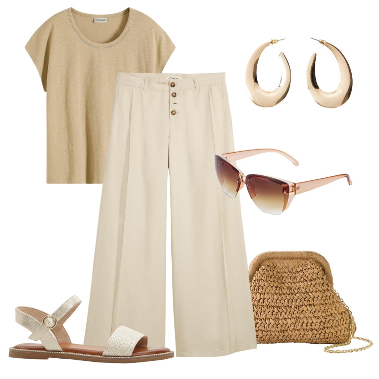 Outfit donna - Look passpartout in saldo. Stile Trendy per Tutti i giorni. Abbinamento con pantaloni, borse a tracolla, occhiali da sole, orecchini, t-shirt, sandali.