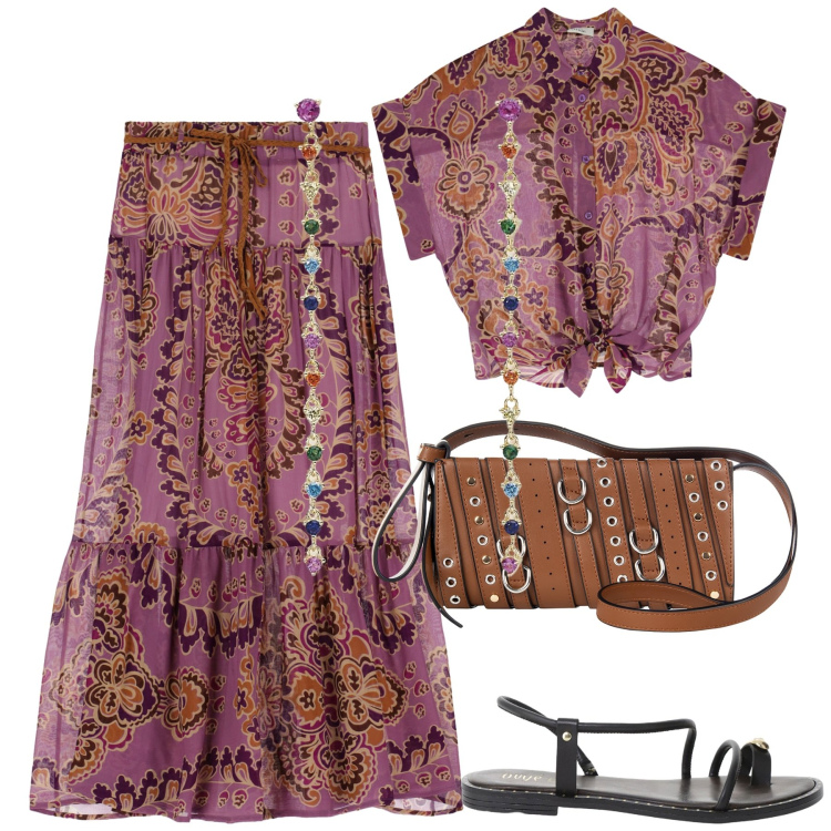 Outfit donna - Boho style. Stile Boho per Mare. Abbinamento con orecchini, borse a spalla, gonne lunghe, camicie a manica corta, sandali.
